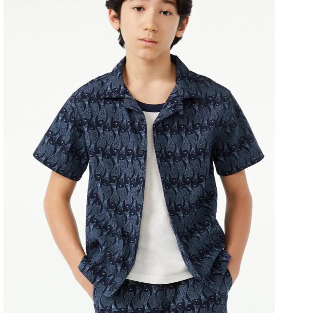 FREE Assembly‎ Boy's Short Sleeve Fish Print Blue Seersucker Shirt, Size L 10/12